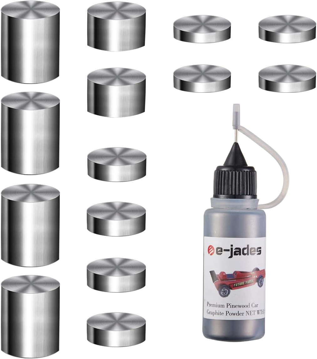 Pinewood Weights Car Kit-Derby Car Tungsten Weights 3.25OZ 14 Pieces 4 Sizes&0.5OZ Graphite Powder Lubricant- Cylindrical Weights-Graphite Lubricant for Derby car Pine Derby Car Wheels Axles Speed
