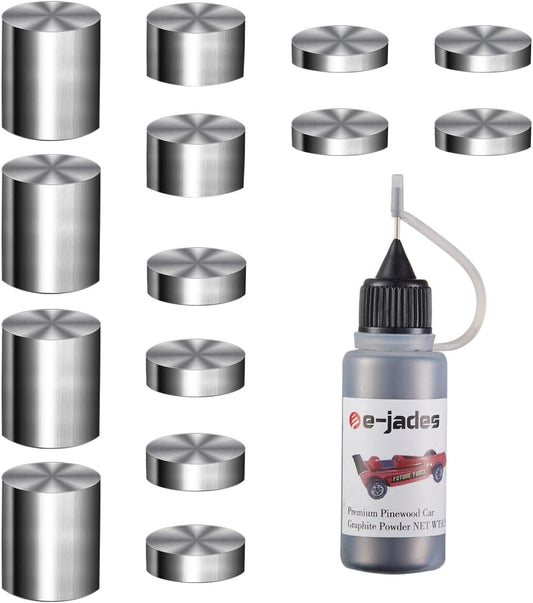 Pinewood Weights Car Kit-Derby Car Tungsten Weights 3.25OZ 14 Pieces 4 Sizes&0.5OZ Graphite Powder Lubricant- Cylindrical Weights-Graphite Lubricant for Derby car Pine Derby Car Wheels Axles Speed