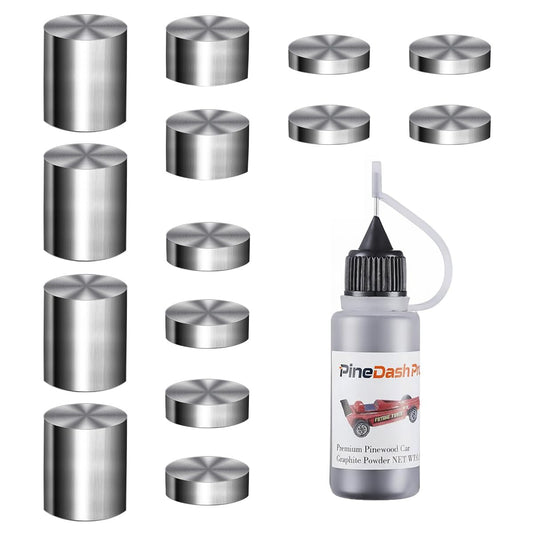 PineDash Pro Pinewood Derby Tungsten 3.25oz Weights Set (14pc Cylindrical + Graphite) - Perfect Balance