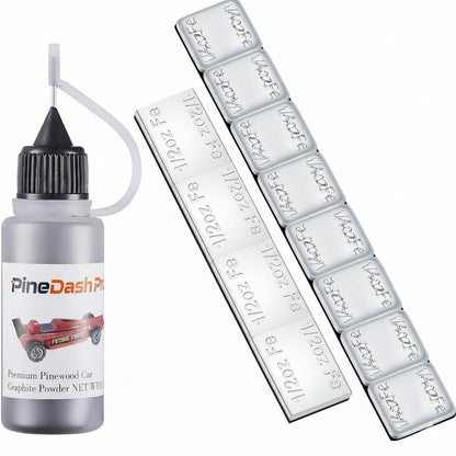 PineDash Pro Pinewood Derby Weight Kit (12pc Steel Weights + Graphite) - Complete Setup